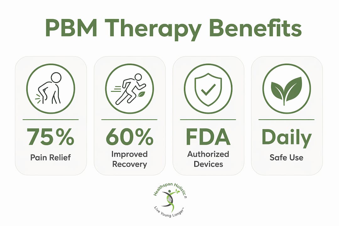 Infographic showing key photobiomodulation therapy benefits