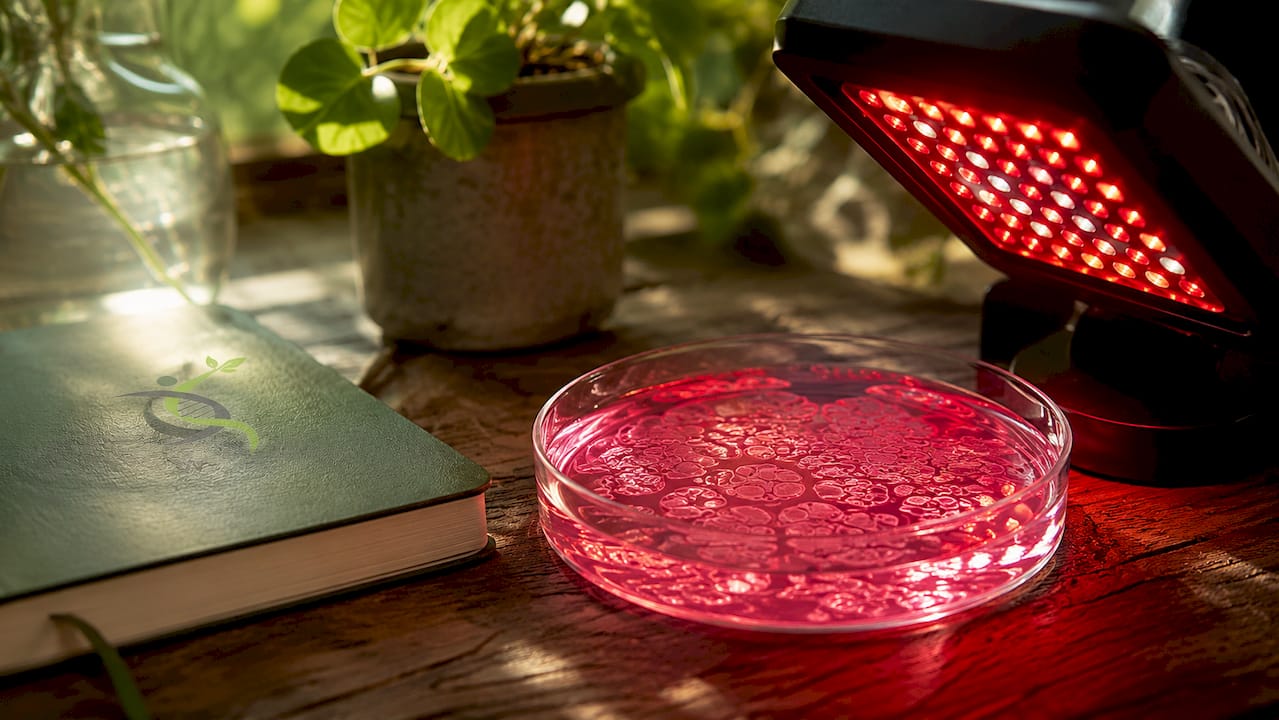 Close-up of cells exposed to red light therapy in a lab