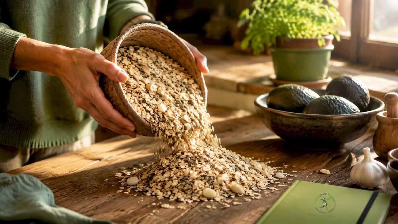 Hands holding jar of dietary fibers in kitchen