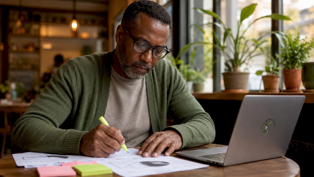Man studying peptide research papers at desk