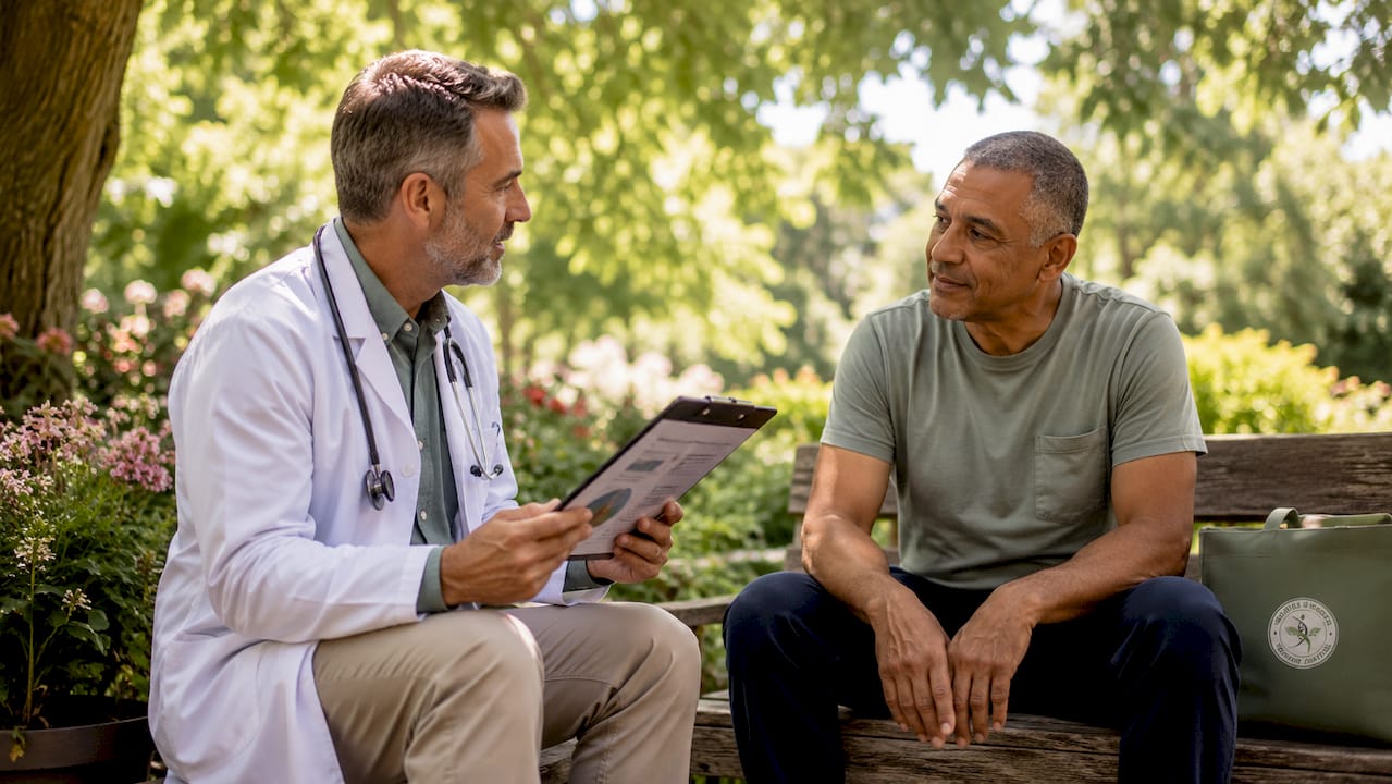 Doctor consulting middle-aged patient on heart health