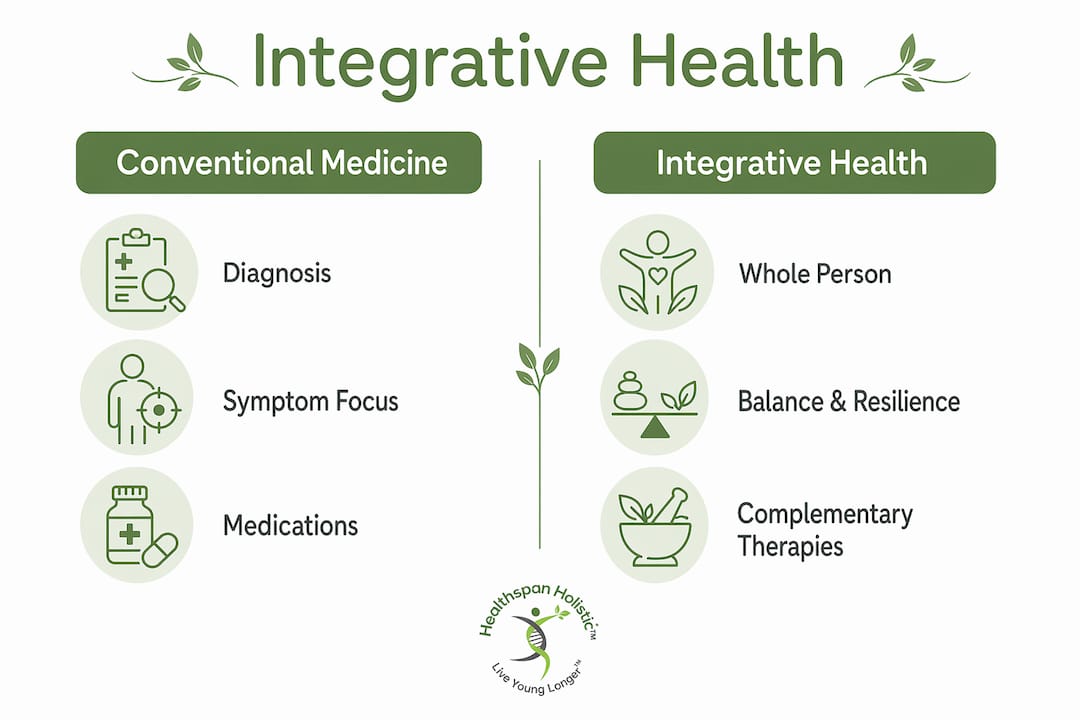 Infographic comparing conventional medicine and integrative health