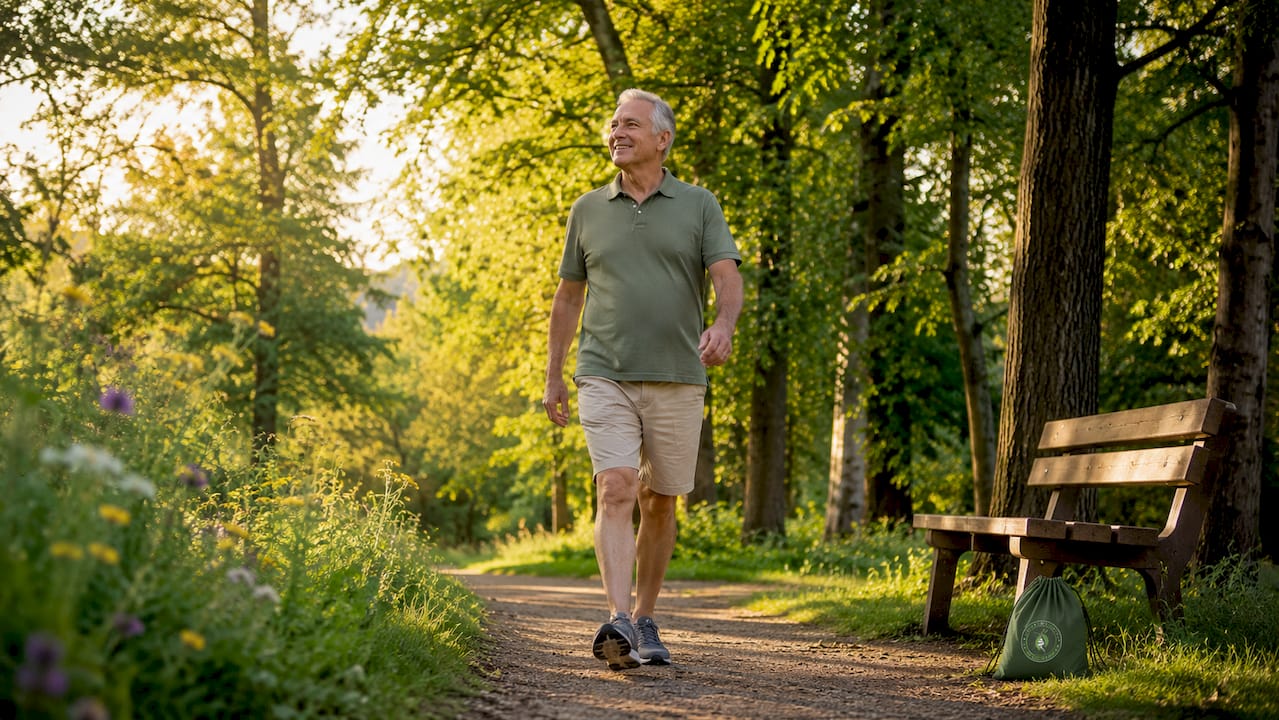 Older man beginning morning walk outdoors