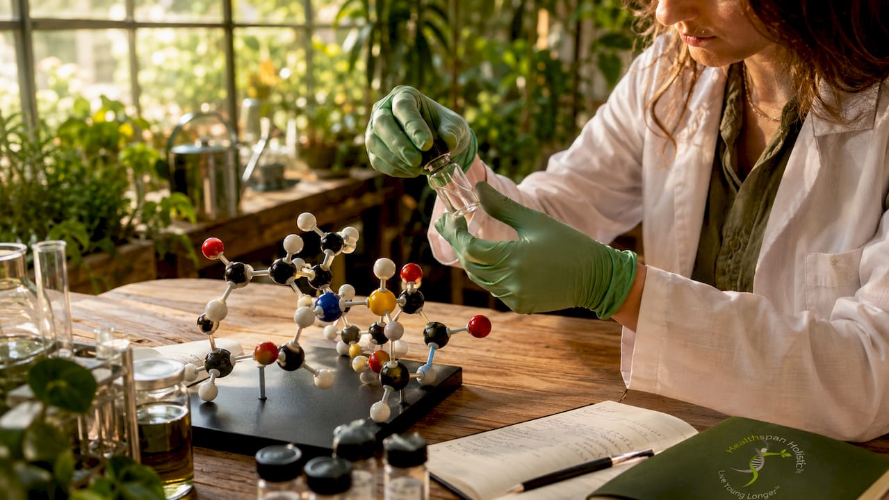 Scientist handling NAC vial and glutathione model in lab