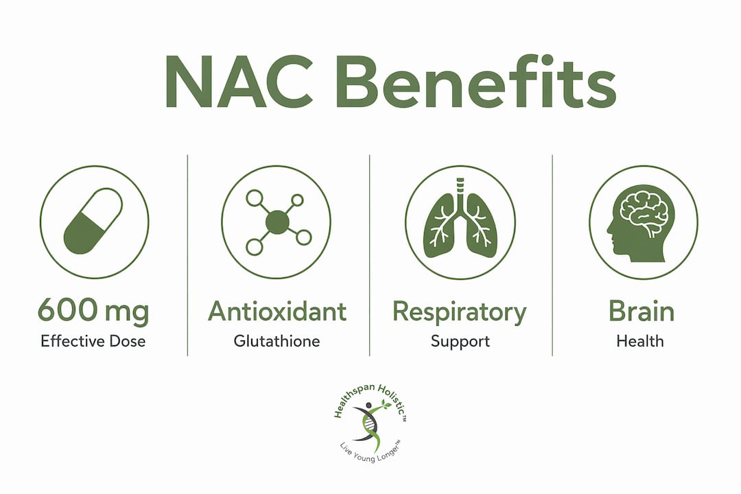 Infographic displaying NAC supplement key benefits and doses