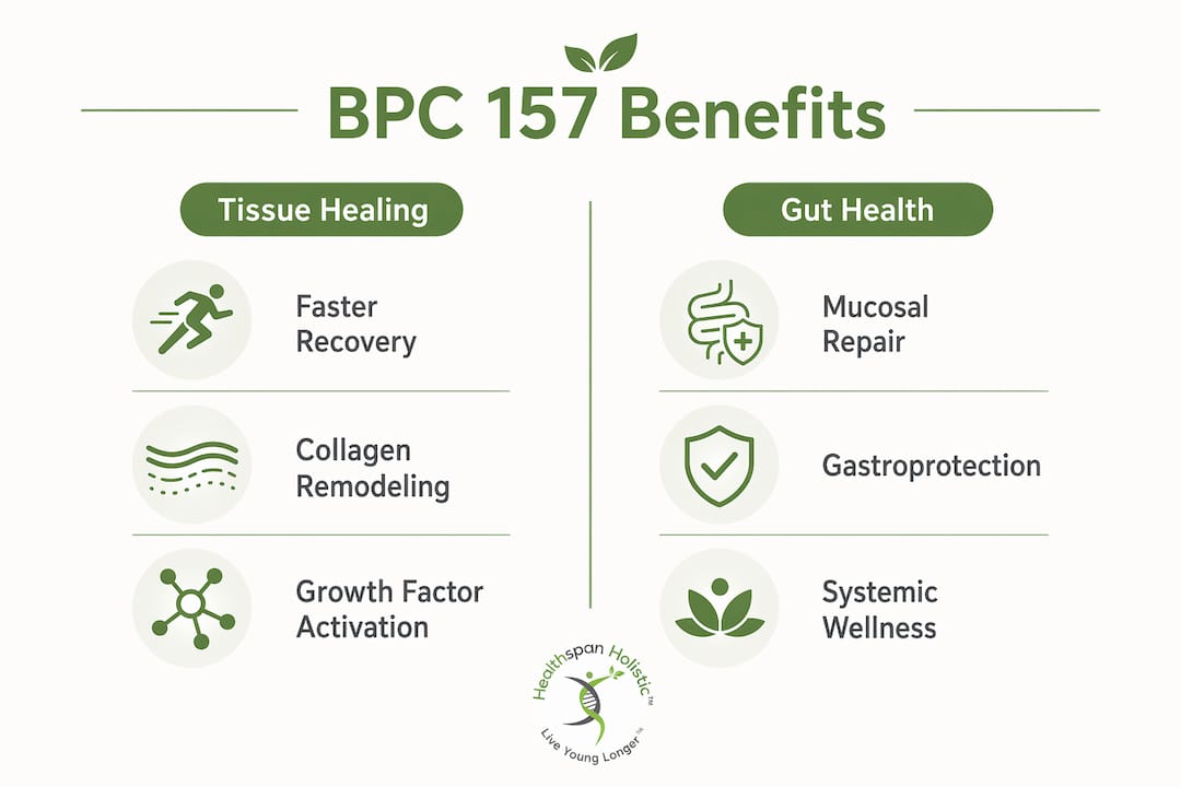 Infographic comparing BPC 157 healing effects on tissue and gut