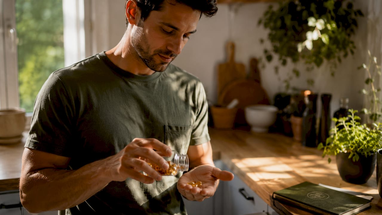 Hands holding selenium supplement bottle in medical setting