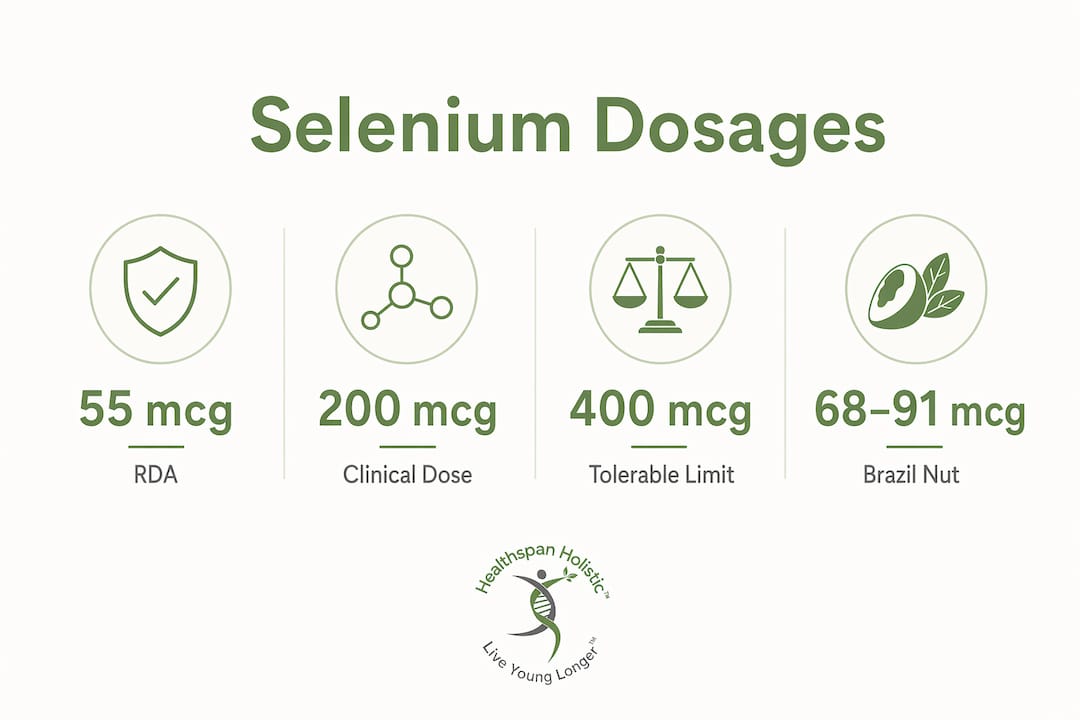 Infographic comparing selenium dosage recommendations and sources