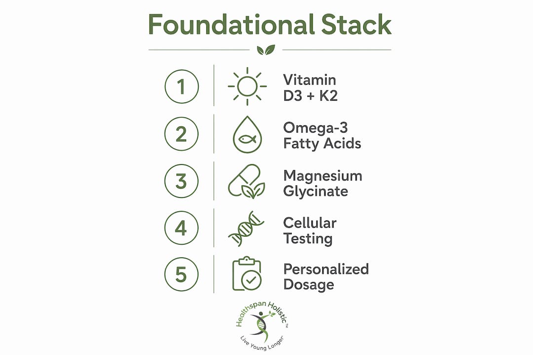 Infographic illustrating foundational supplement stacking steps