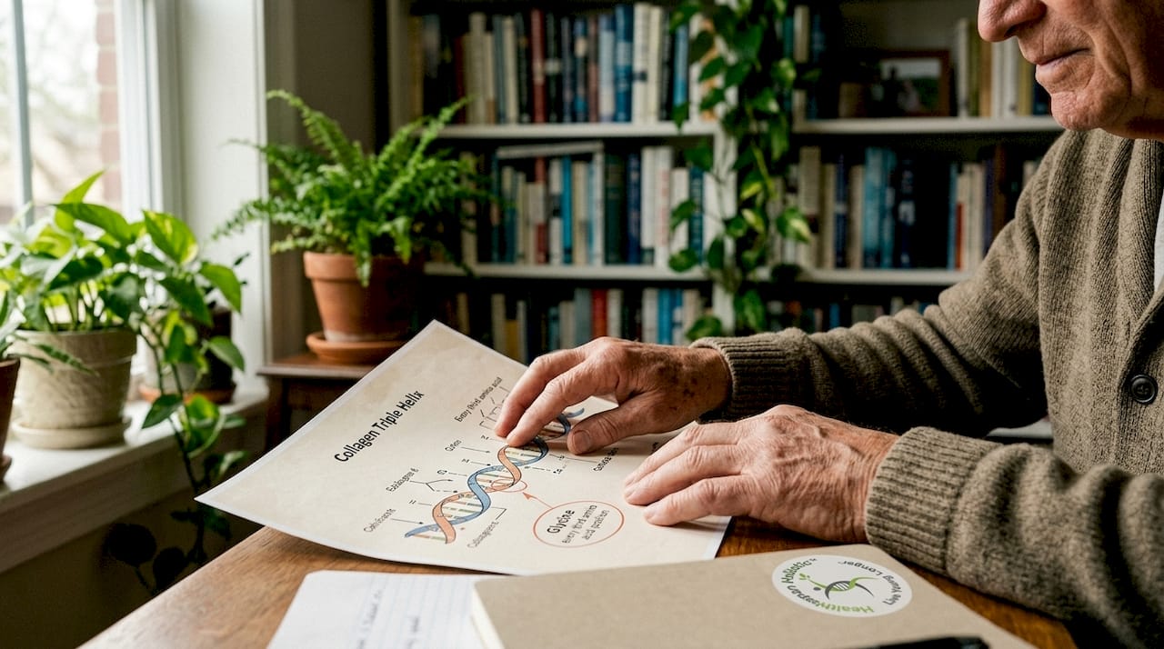 Hands holding collagen molecular structure graphic