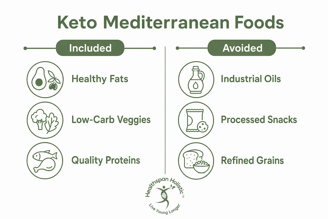 Infographic showing foods to include and avoid in keto Mediterranean diet
