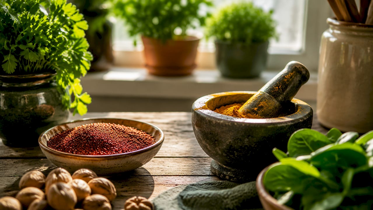 Red yeast rice and natural ingredients on wooden table
