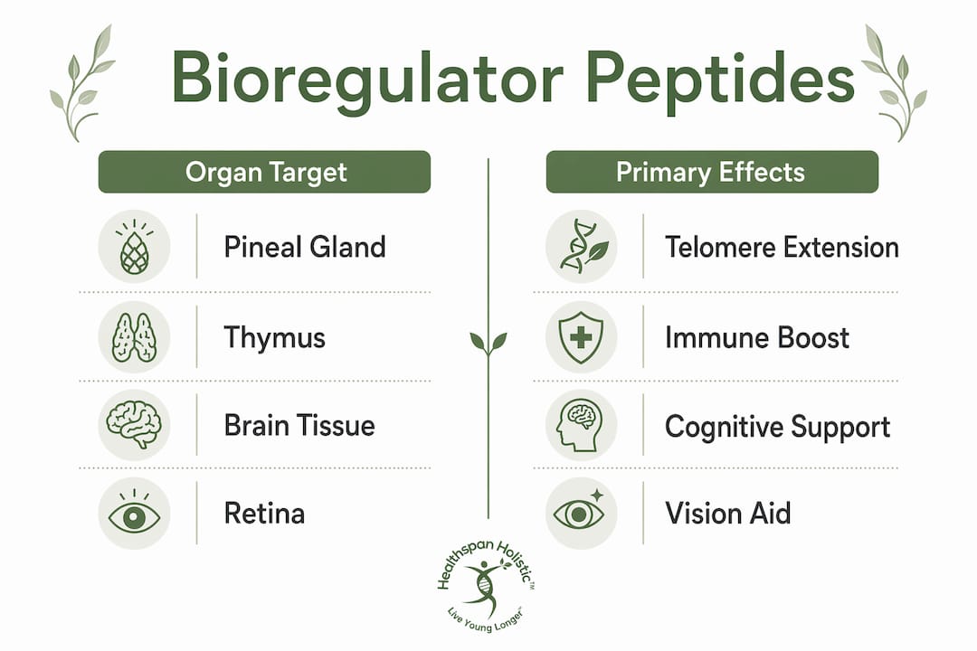 Infographic comparing bioregulator peptides' organ targets and effects