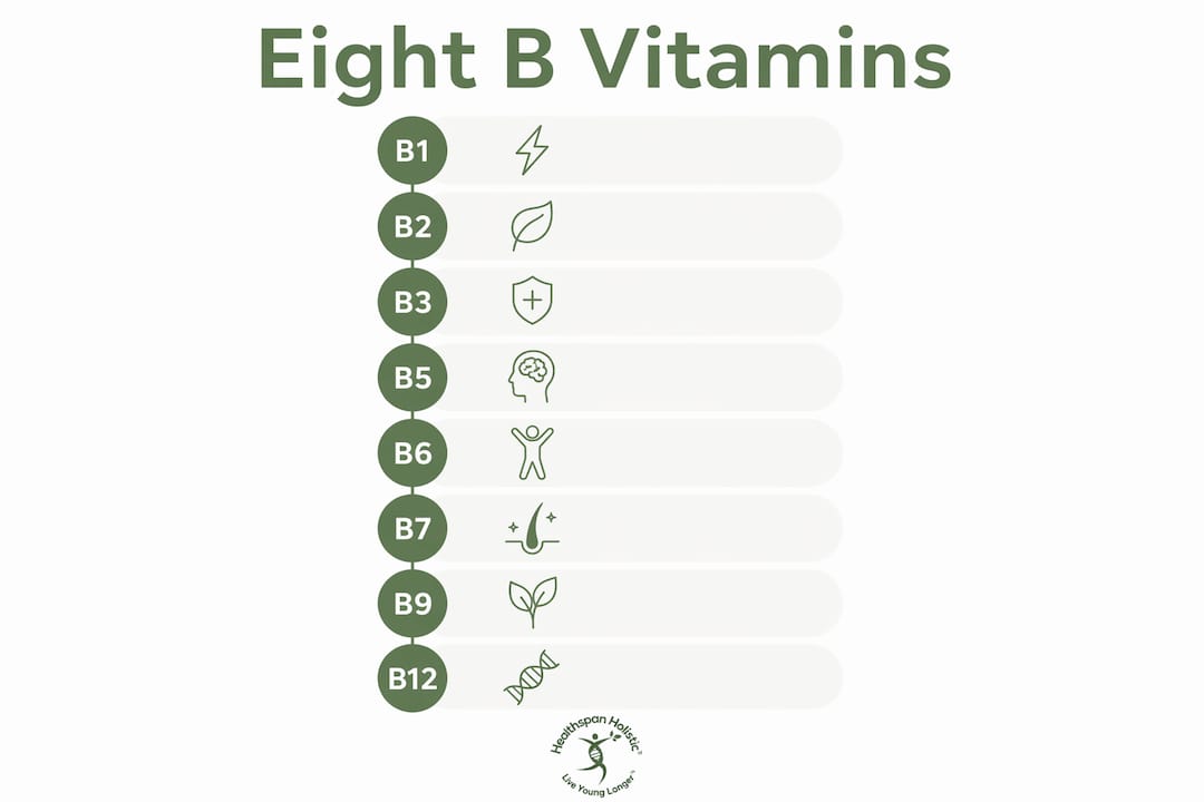 Infographic listing eight B vitamins with simple flow