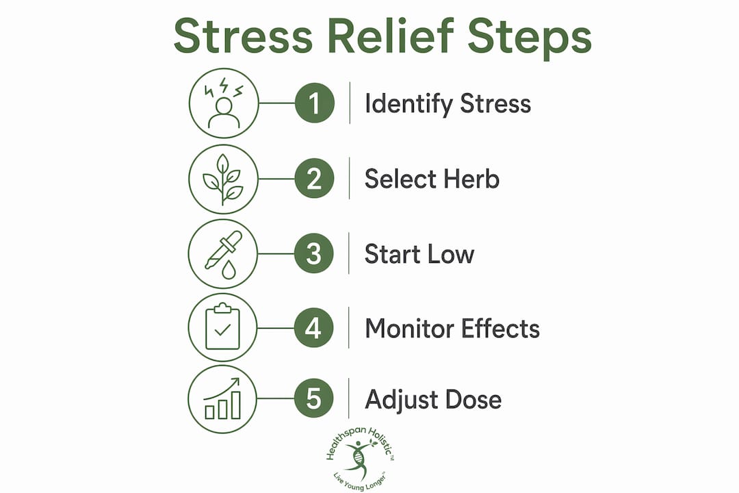 Infographic outlining steps for using adaptogenic herbs for stress
