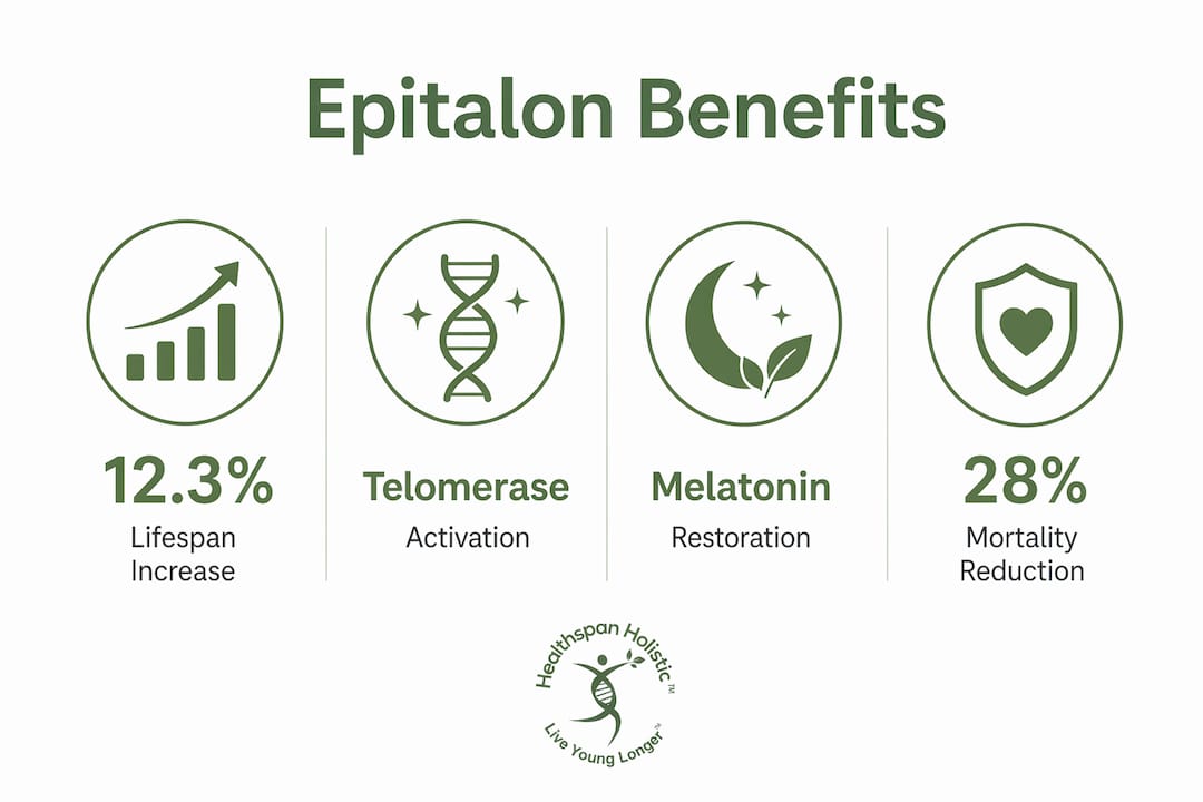 Infographic showing Epitalon peptide benefits with key statistics