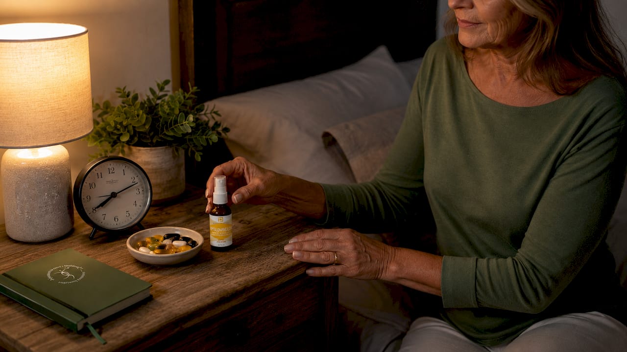 Hands holding supplement bottle in bedroom at night
