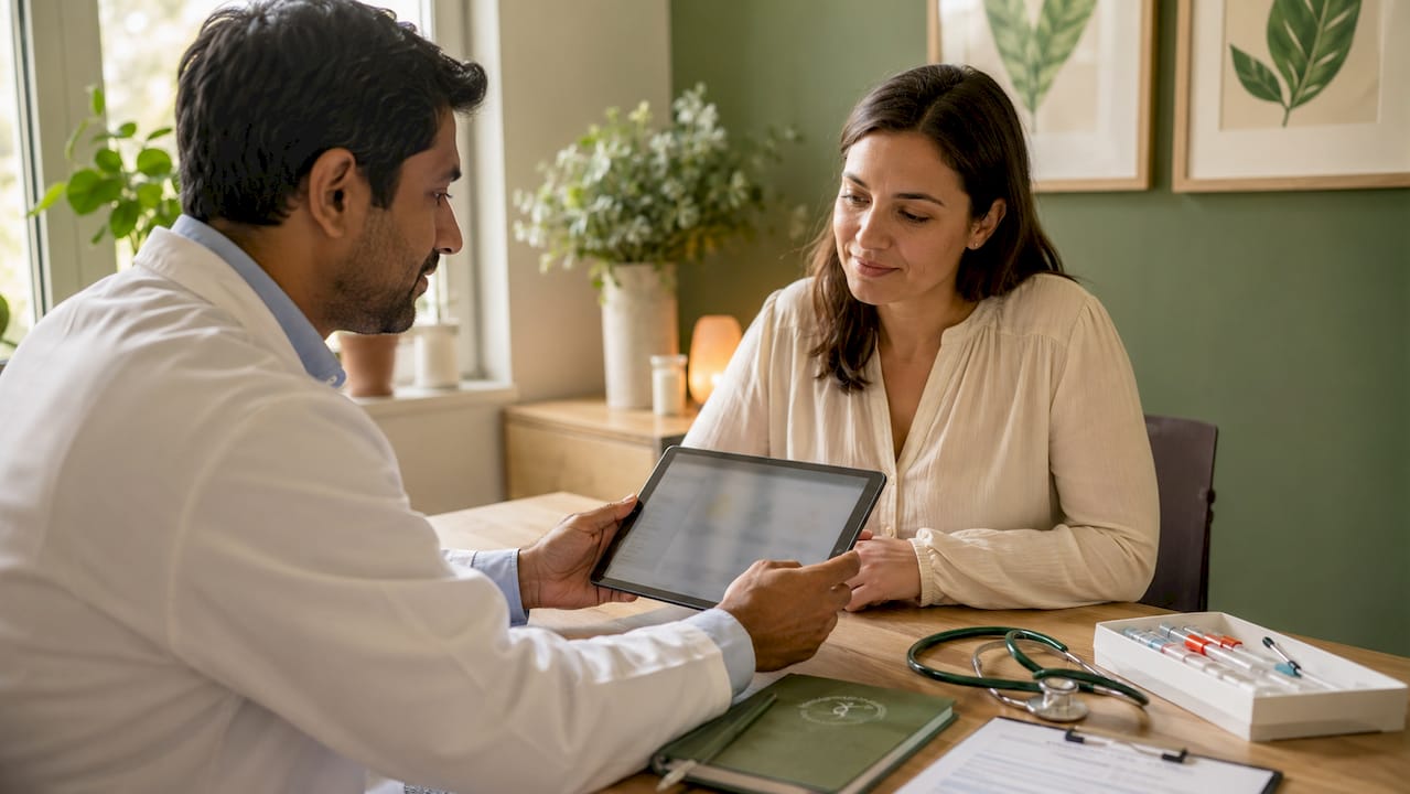 Doctor explaining peptide test results to patient