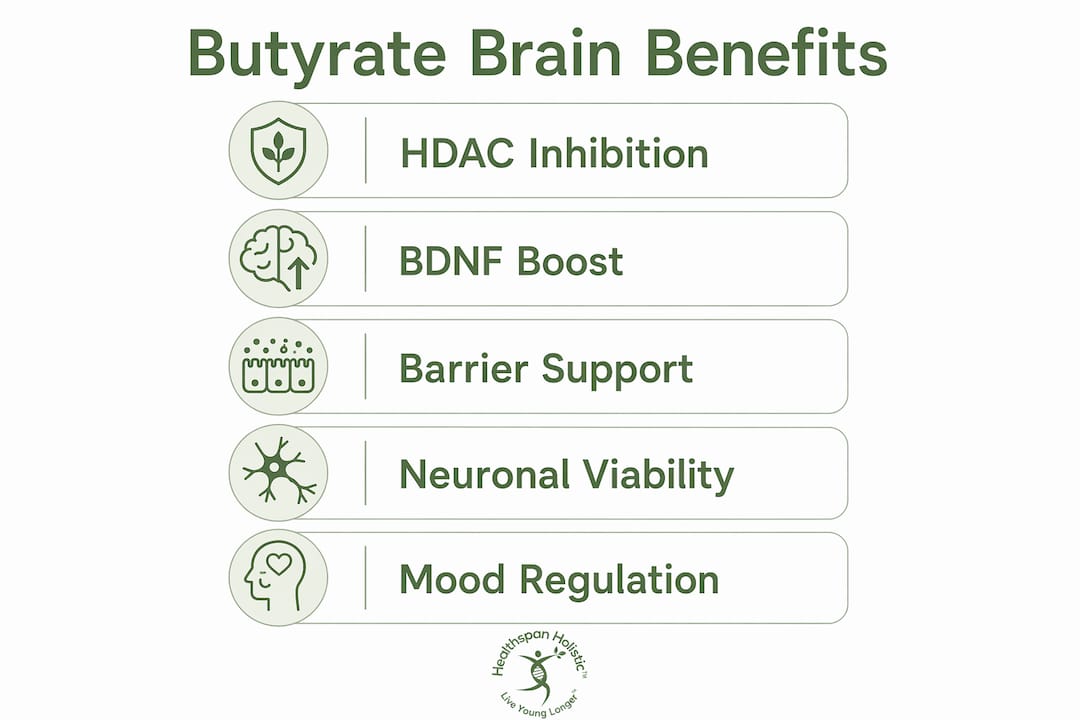 Infographic illustrating key benefits of butyrate for the brain