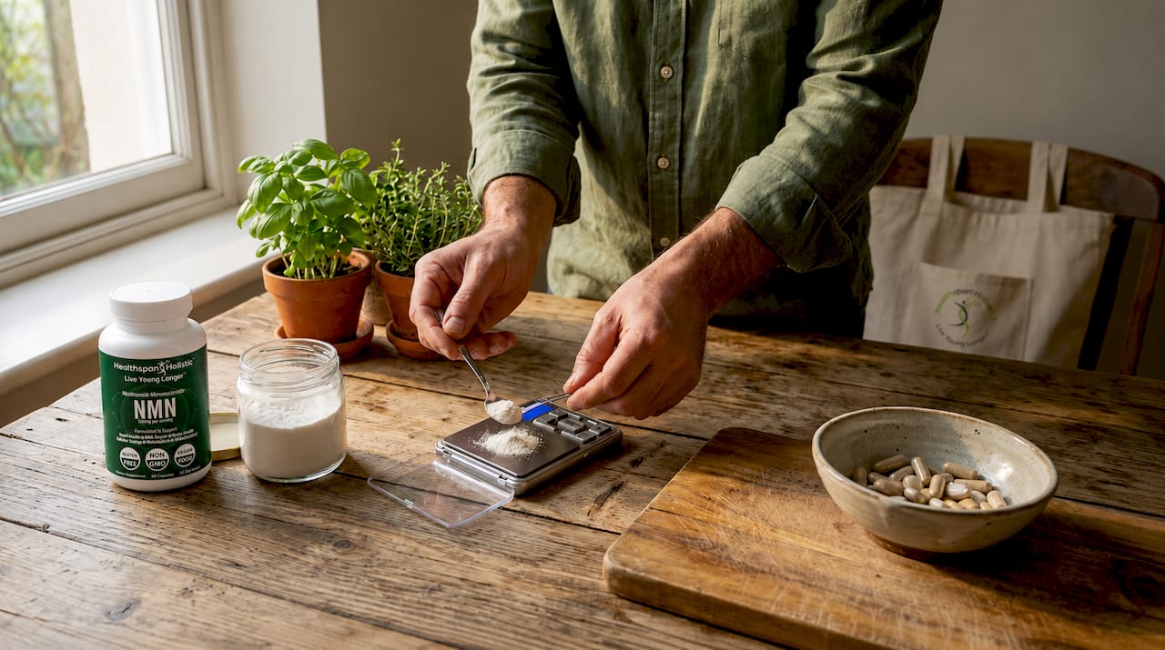 Hands measuring NMN powder with scale at kitchen counter