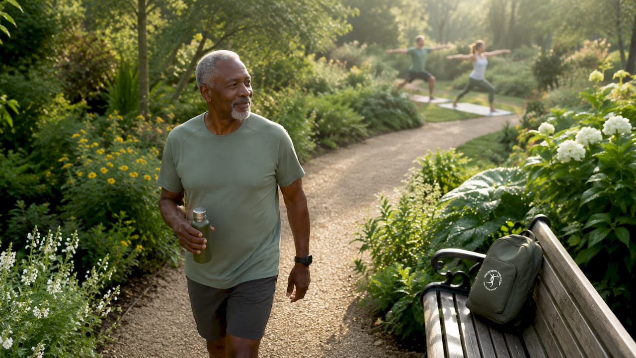 Elderly man walking in park exercise