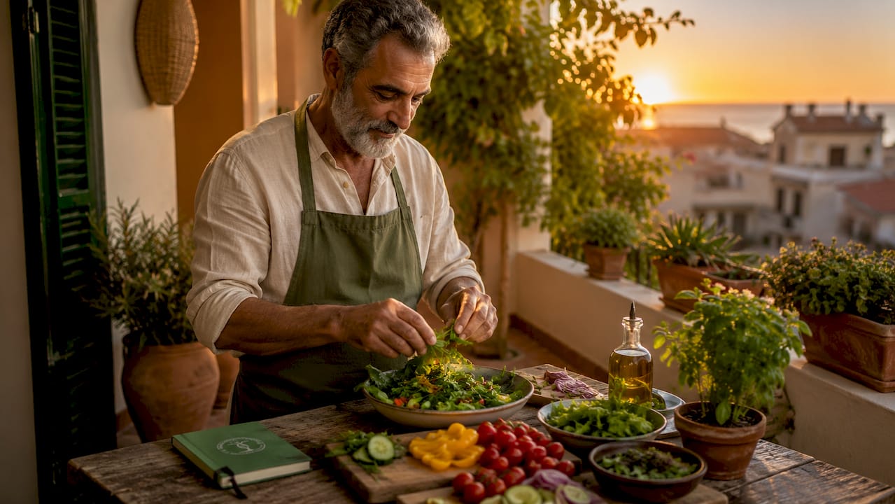 Elderly man prepares Mediterranean meal