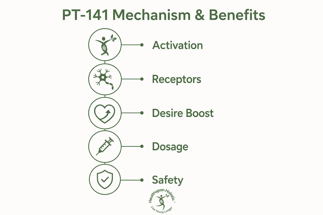 Infographic illustrating PT-141 brain activation and usage steps