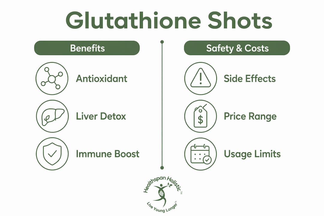 Infographic comparing glutathione injection benefits and safety