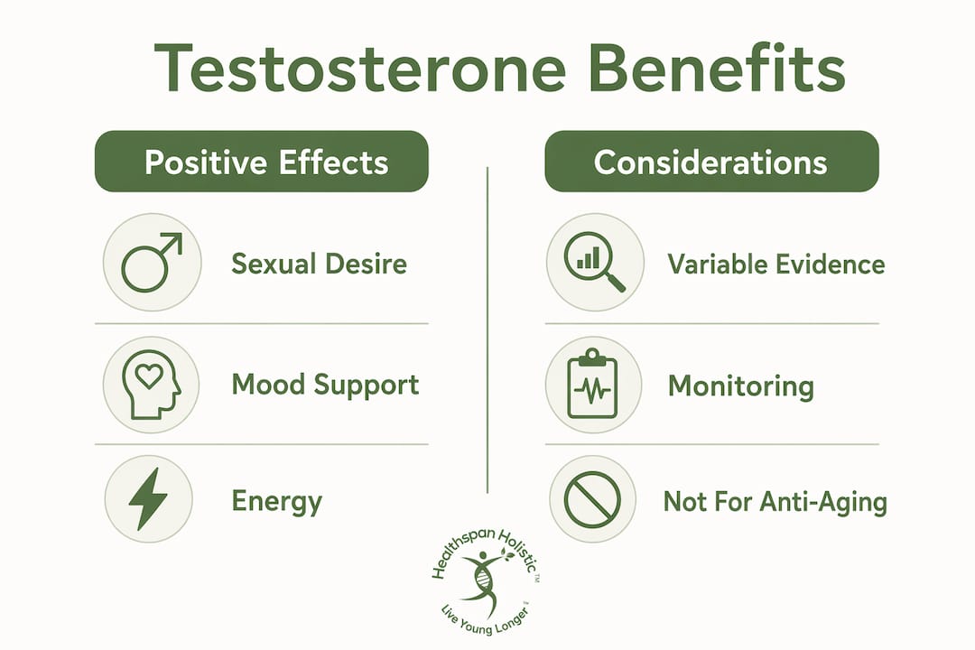 Infographic comparing benefits and considerations of testosterone therapy in women
