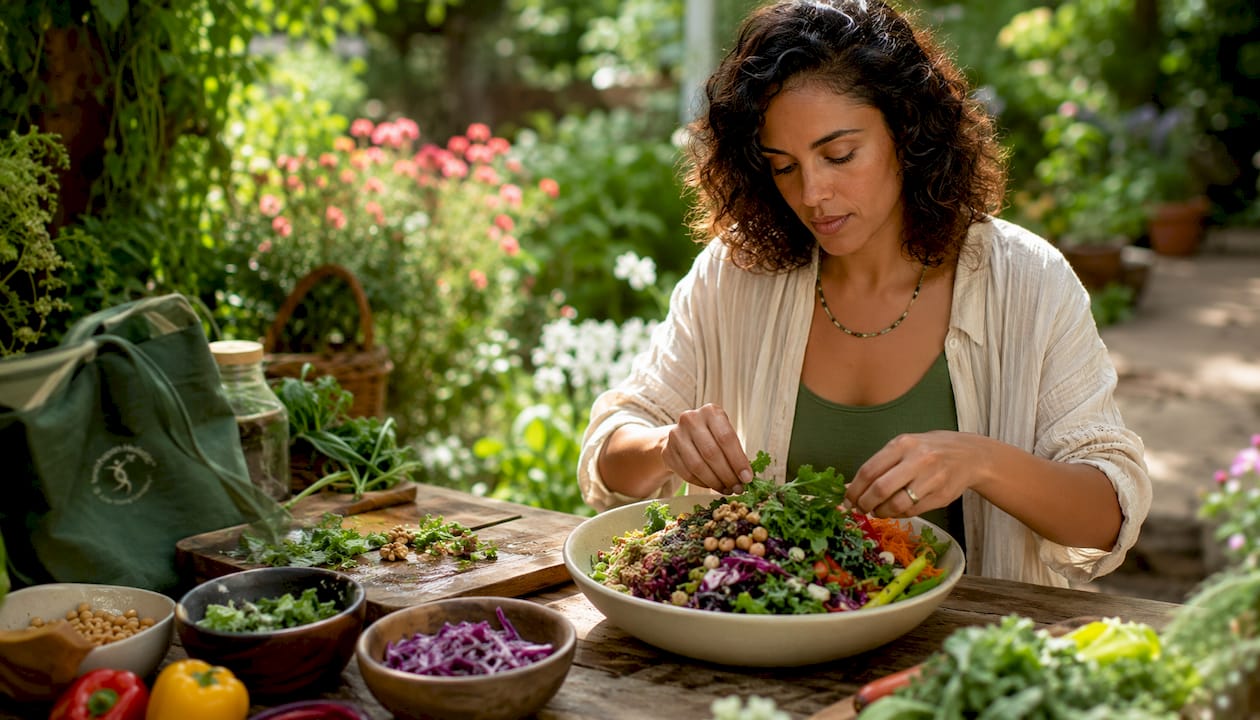 Woman mixing fiber-rich salad with walnuts