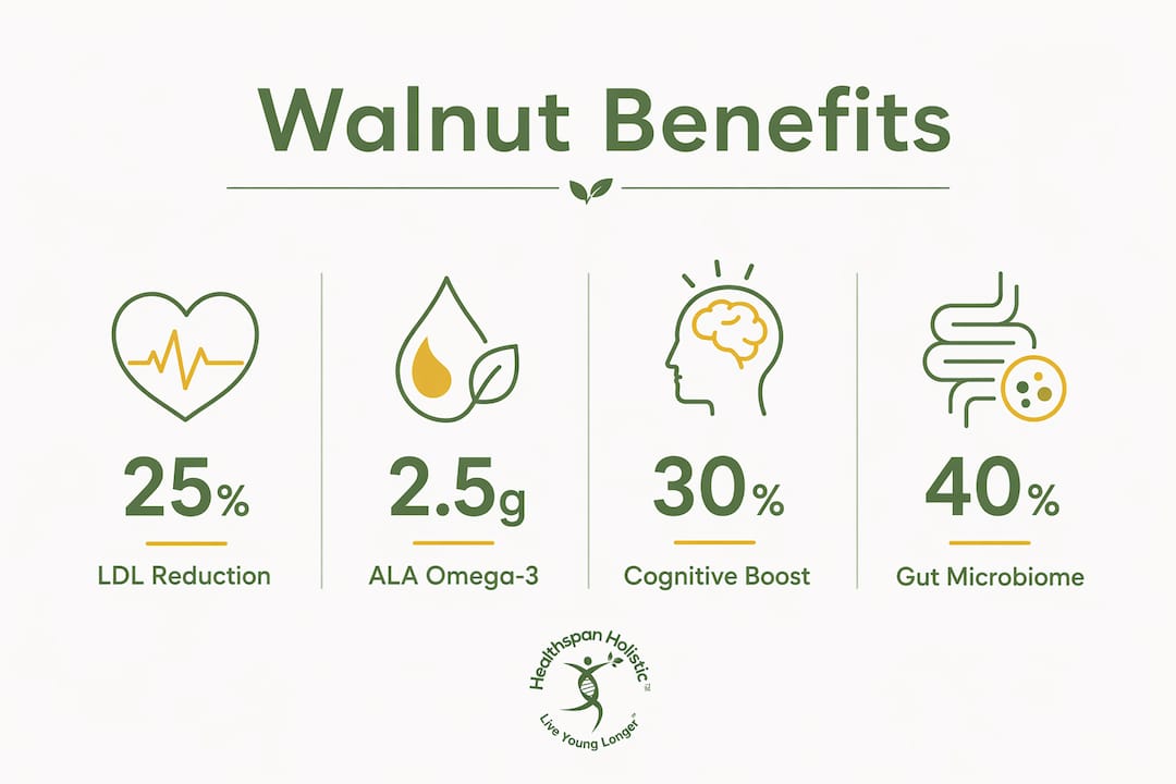 Infographic showing key walnut benefits statistics