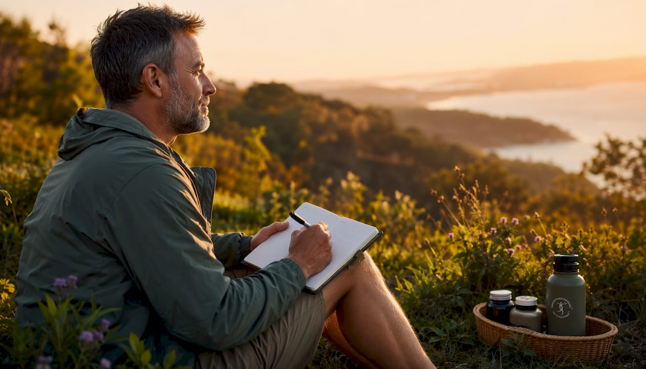 Man journaling mast cell episode triggers outdoors