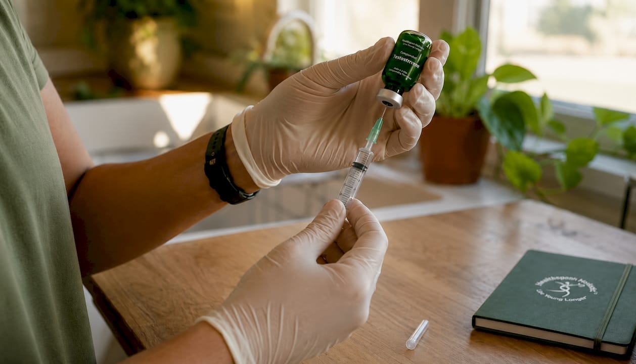 Hands preparing testosterone intramuscular injection
