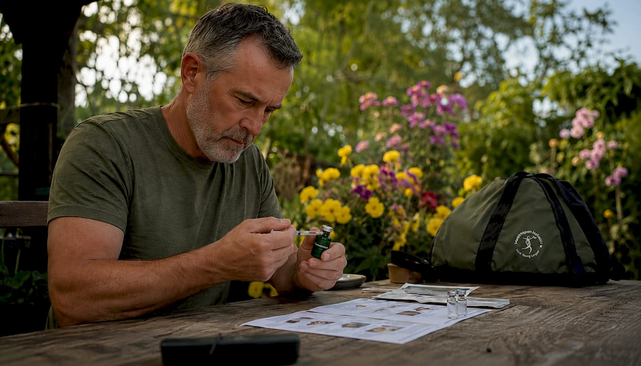 Man practicing self-injection at home