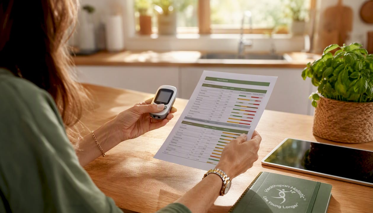 Close-up of hands using blood glucose monitor at home