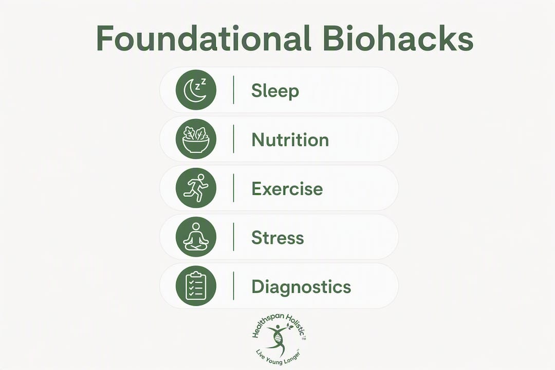 Infographic of foundational biohacks for longevity over 40 years old