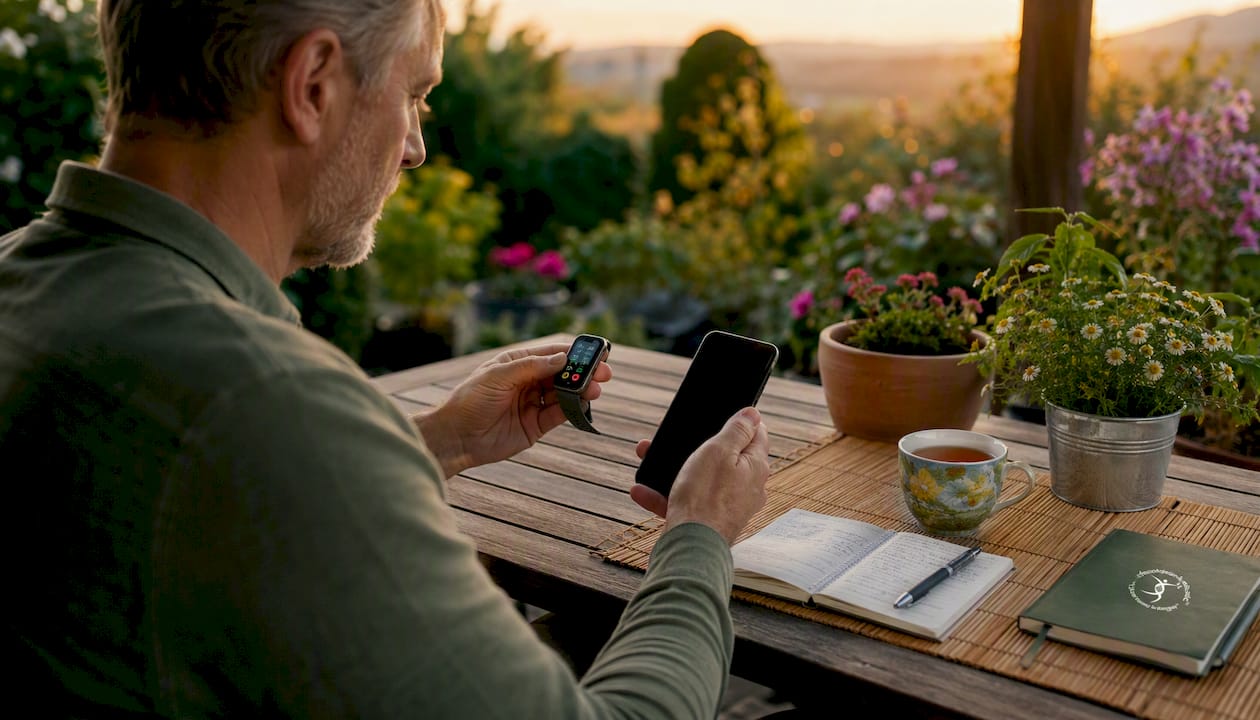 Hands using wearable device and smartphone for health tracking