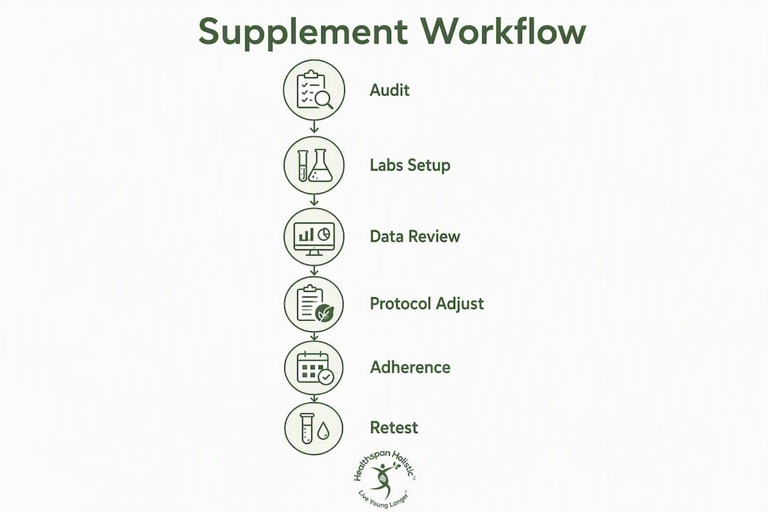 Infographic illustrating step-by-step supplement workflow