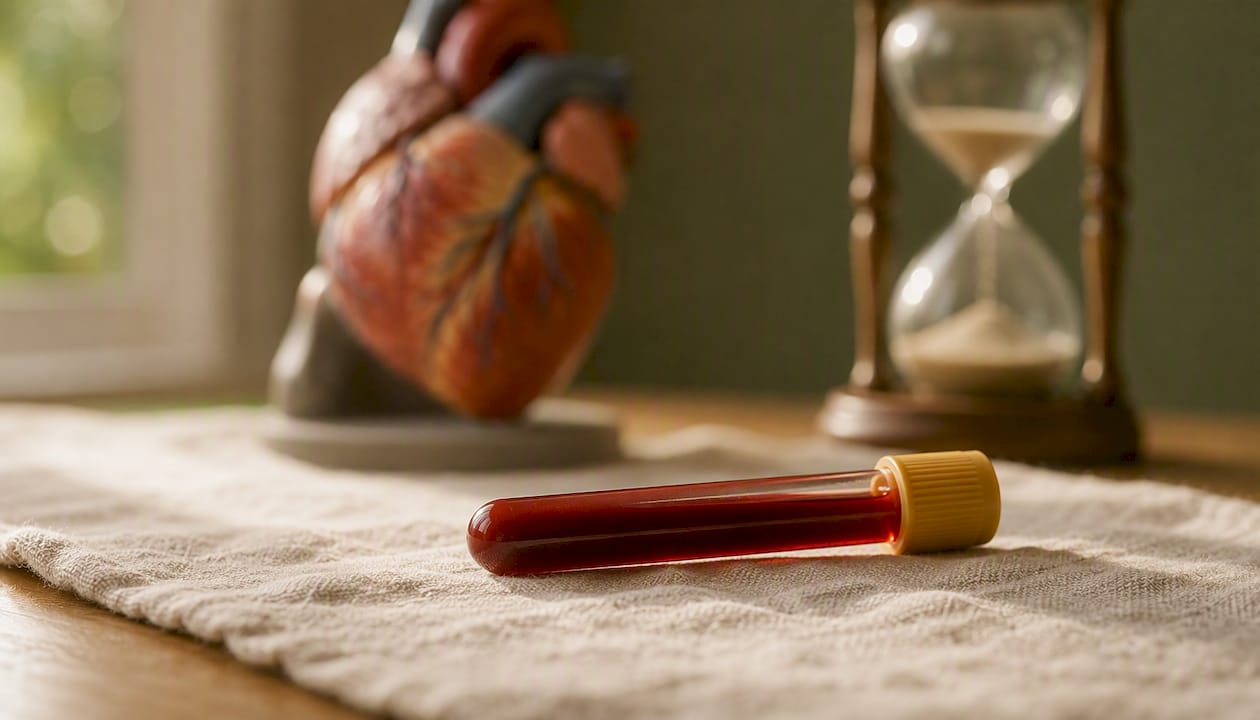 Blood sample tube with heart model background