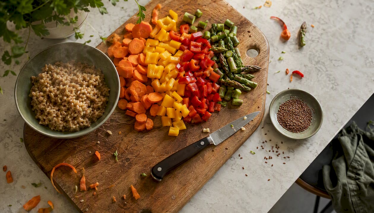 Fresh non-starchy vegetables and quinoa on cutting board