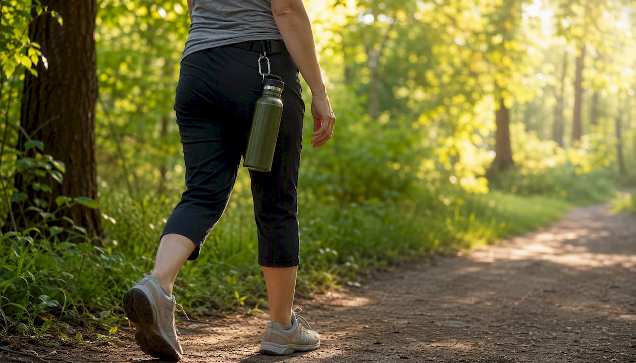 Person walking outdoors with water bottle