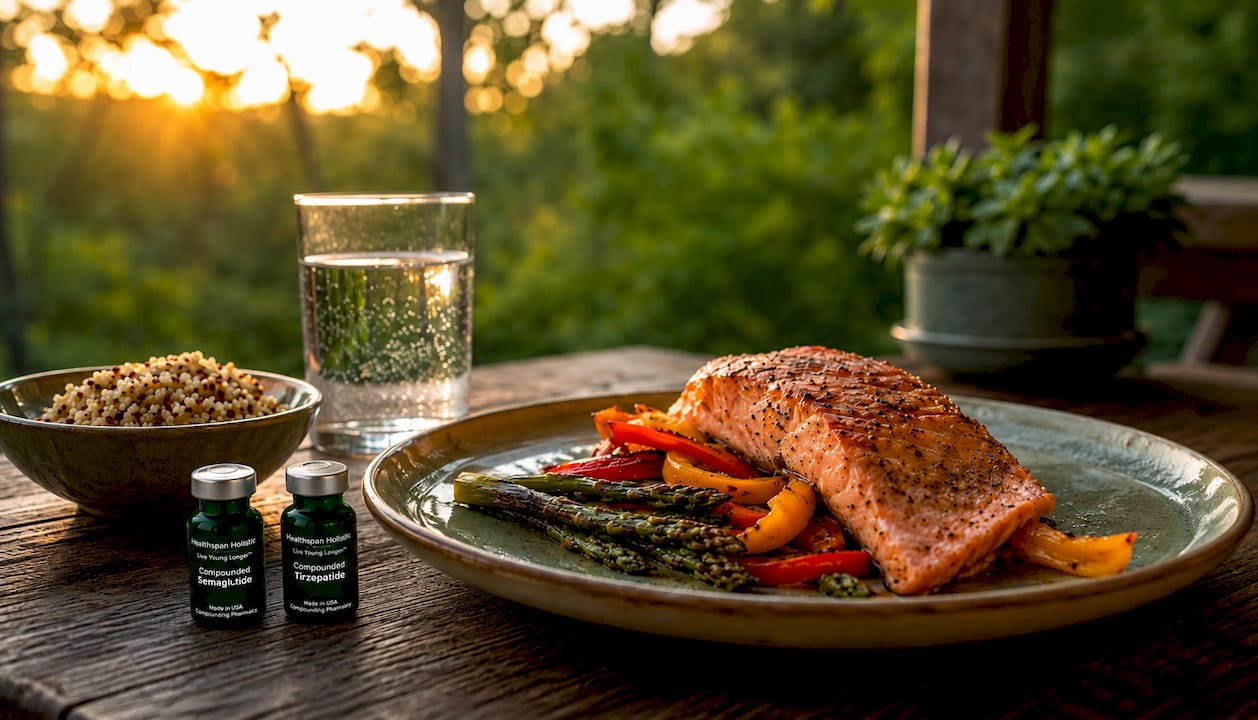 Baked salmon dinner with quinoa and roasted zucchini