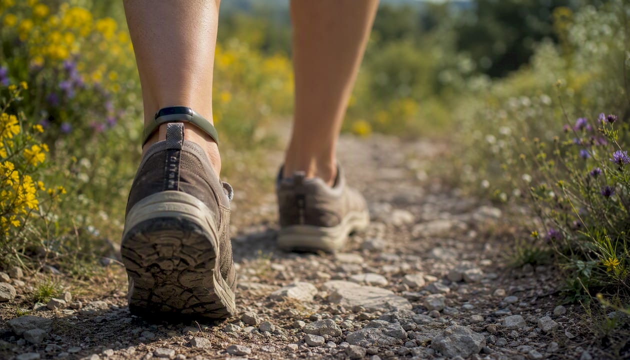 Pies caminando por un sendero con pulsera de seguimiento de actividad física