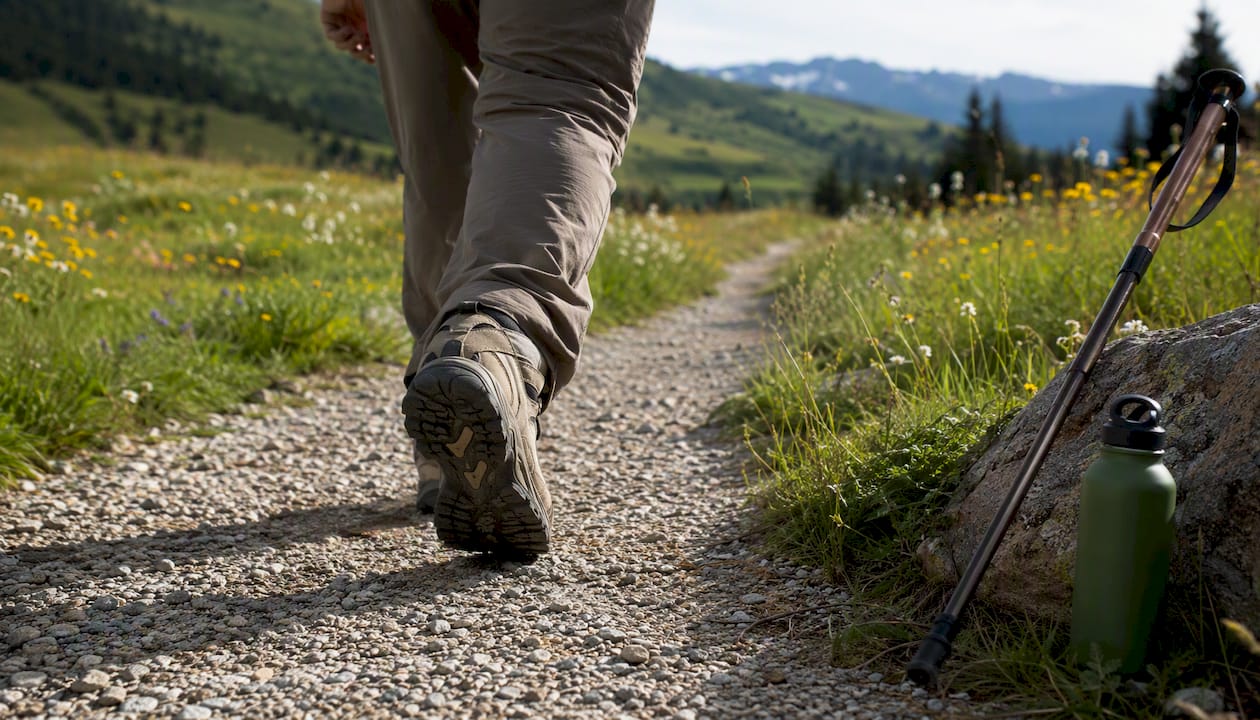Adulto mayor caminando a paso ligero por un sendero forestal