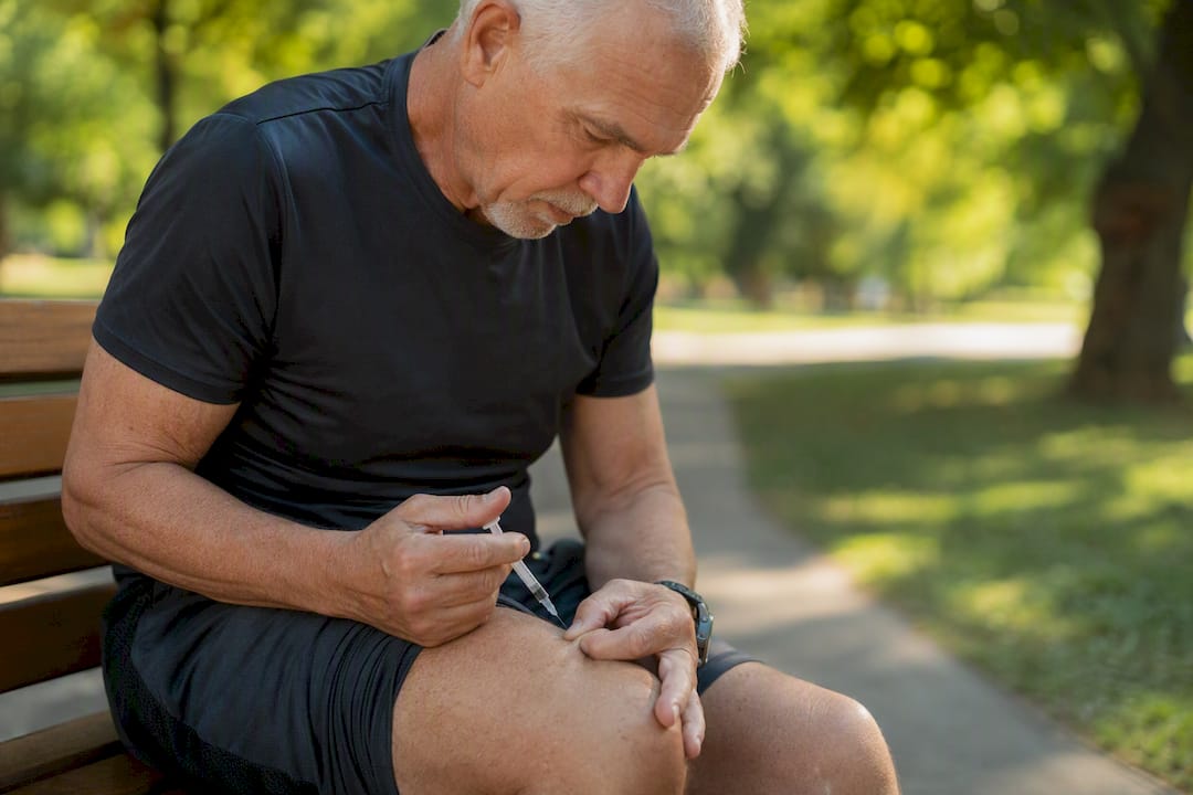 Adulto mayor autoinyectándose péptidos al aire libre