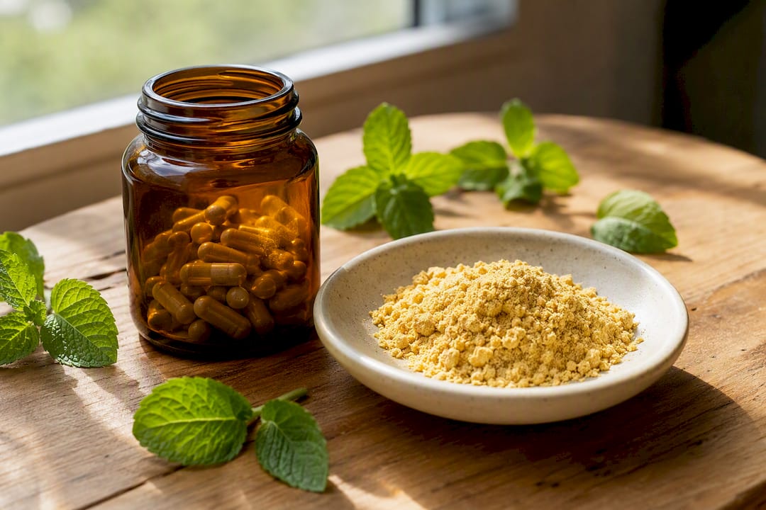 Zinc capsules and quercetin powder on linen