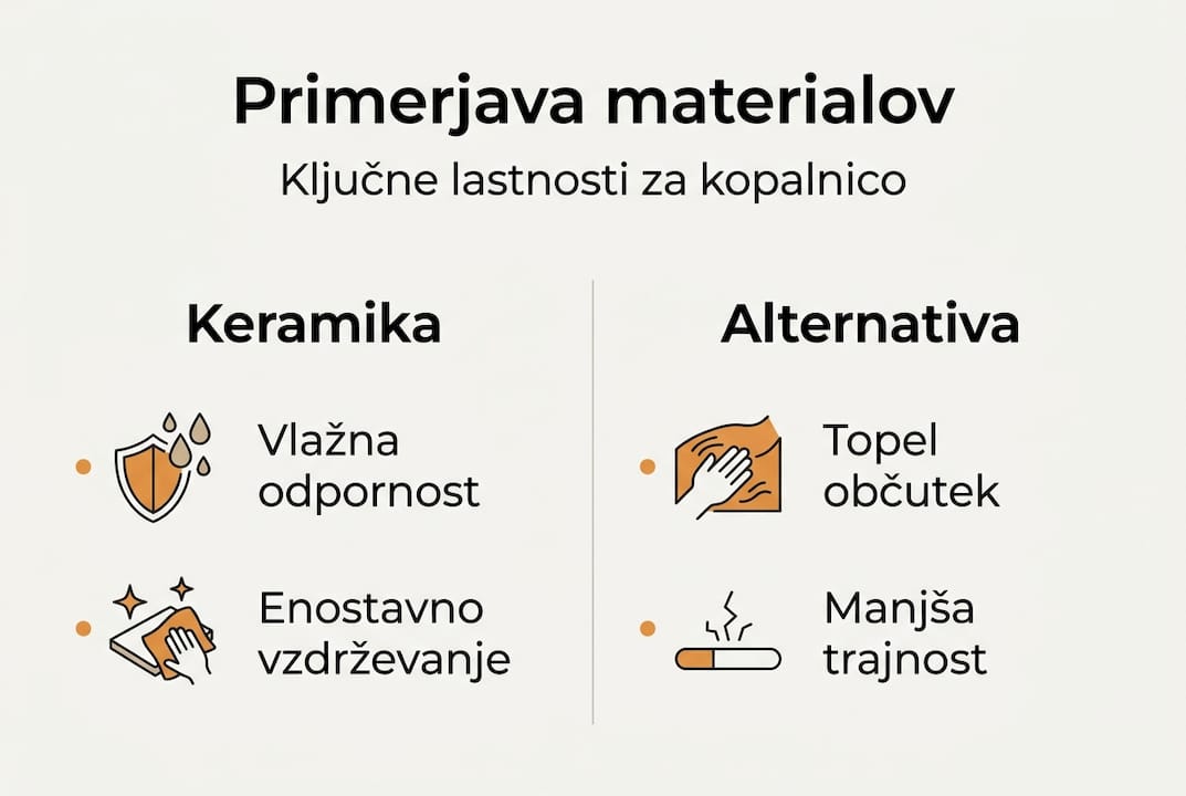 Pregledna grafika z primerjavo različnih materialov za kopalnico