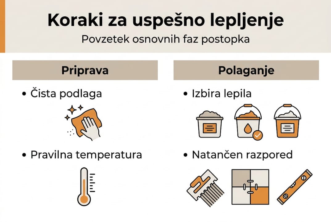 Infografika prikazuje glavne korake za uspešno polaganje ploščic.