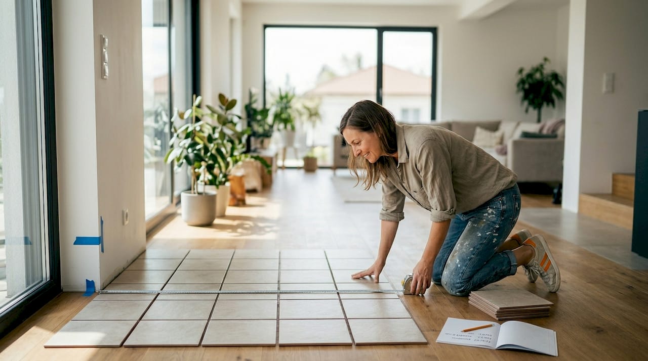 Ženska si v dnevni sobi ogleduje, kako bi najlepše razporedila ploščice.