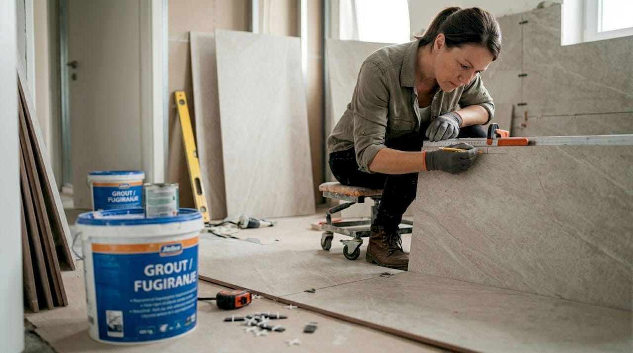 Mojster prenavlja kopalnico in polaga velike keramične ploščice.